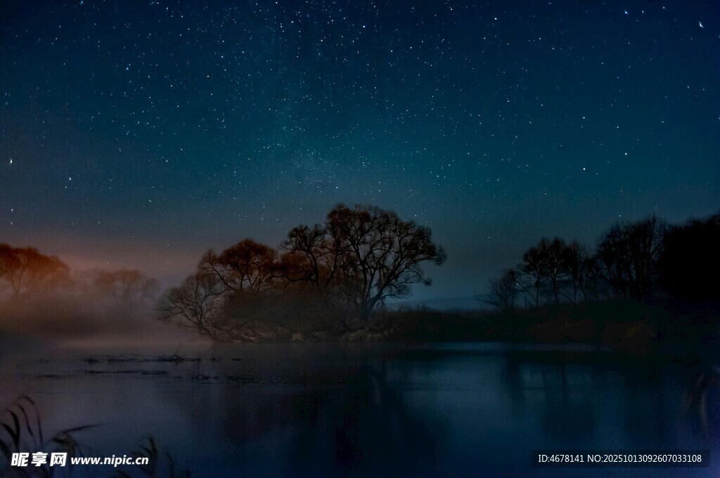 湖畔夜雾中的星空与树木