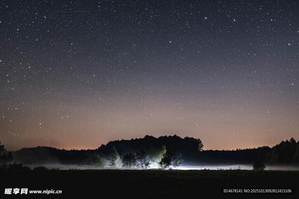 夜幕下的星空与朦胧树林