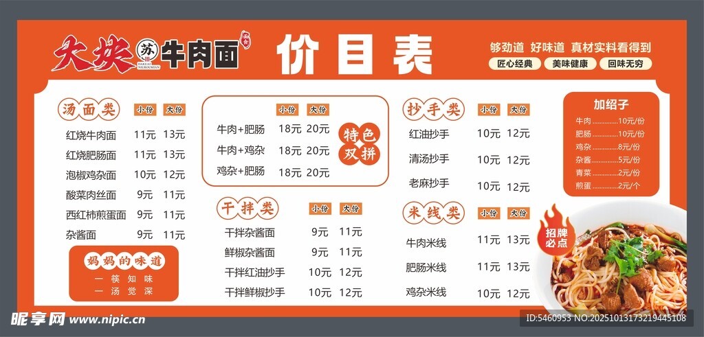 牛肉面价目表
