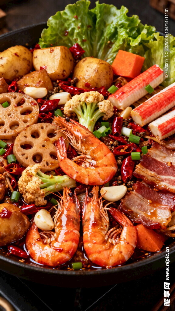 丰盛美味海鲜蔬菜火锅