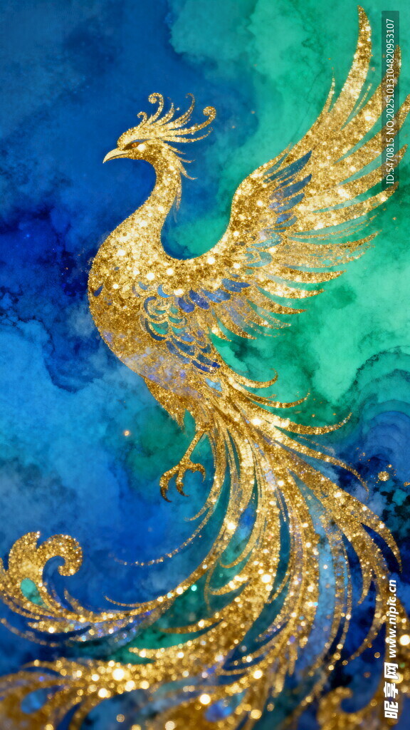 金色凤凰水彩艺术画作