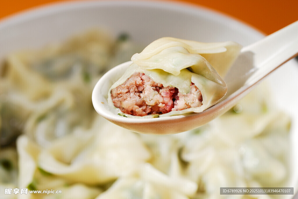 勺子上的美味肉馅馄饨