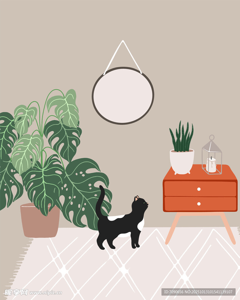 室内绿植与黑猫装饰场景