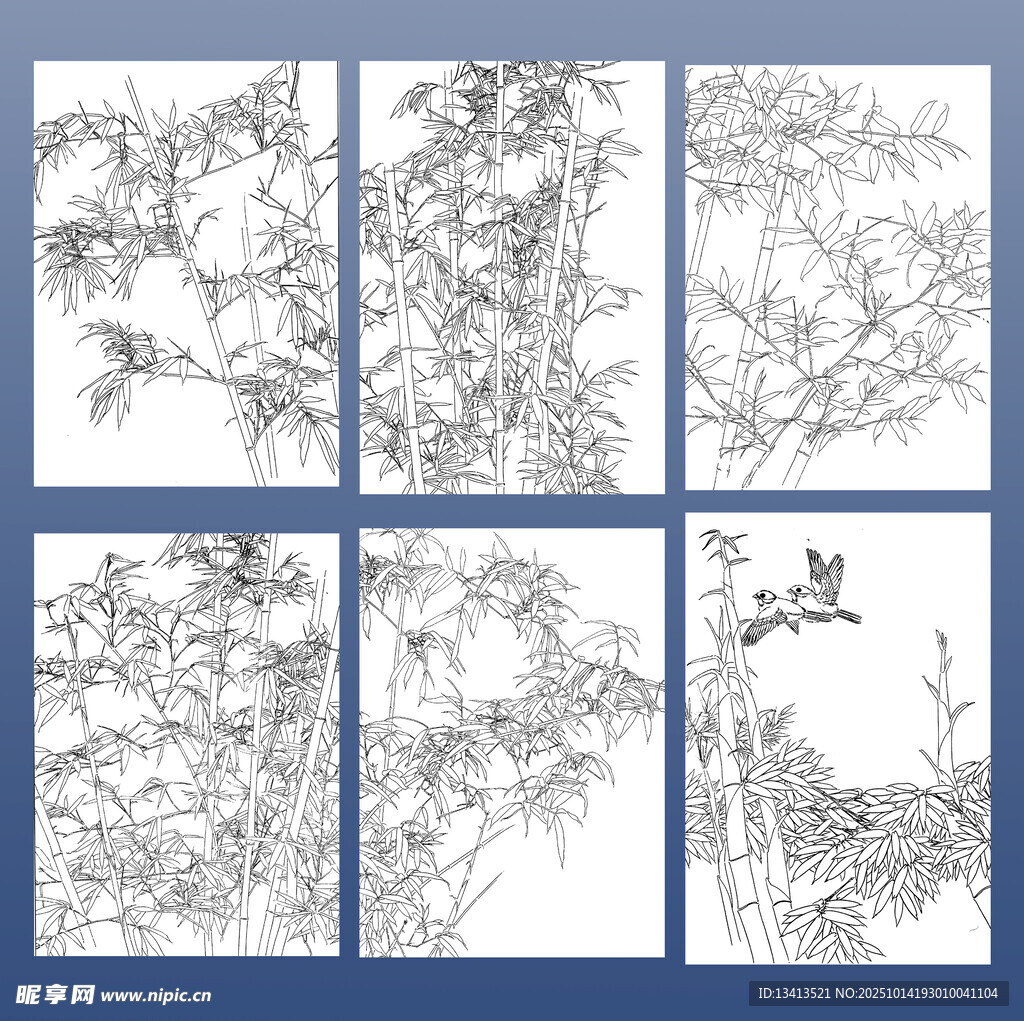 竹子 白描画稿 六幅