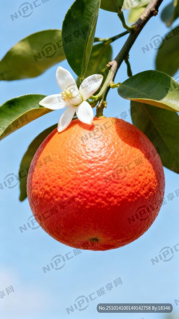 树枝的一个脐橙和一朵白色橙子花
