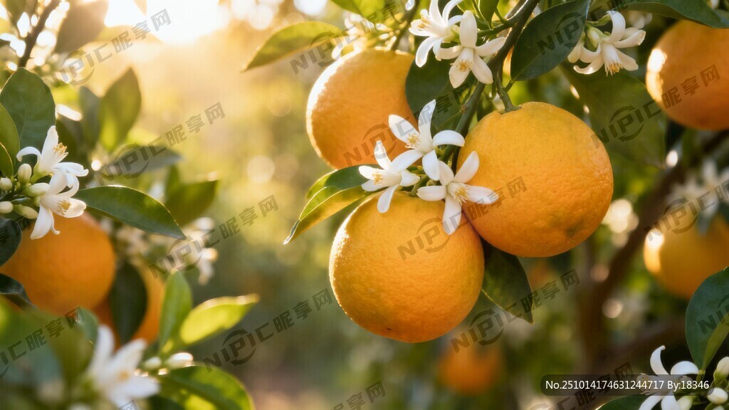 树上脐橙和白色橙子花 绝美壁纸