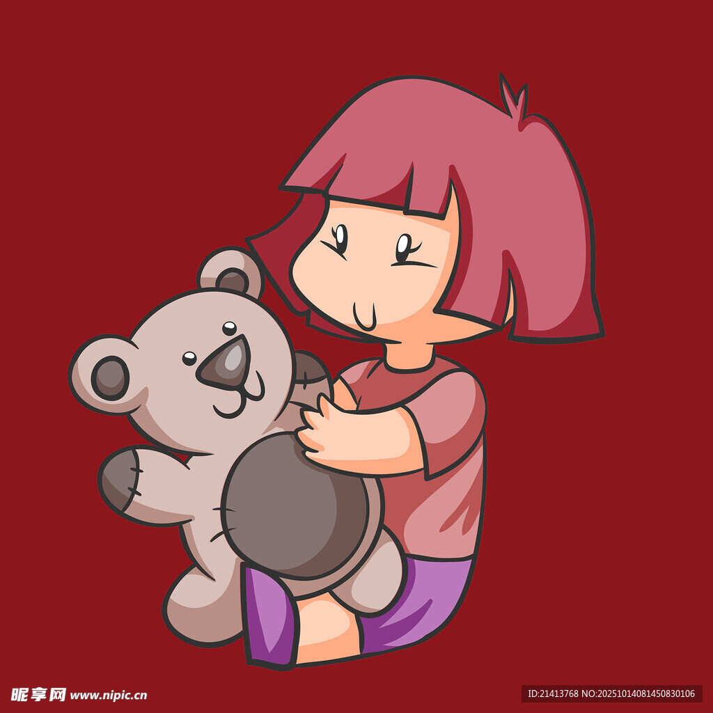 抱小熊玩偶的粉发小女孩