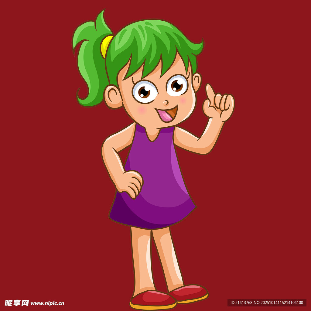 穿紫裙的俏皮绿发小女孩