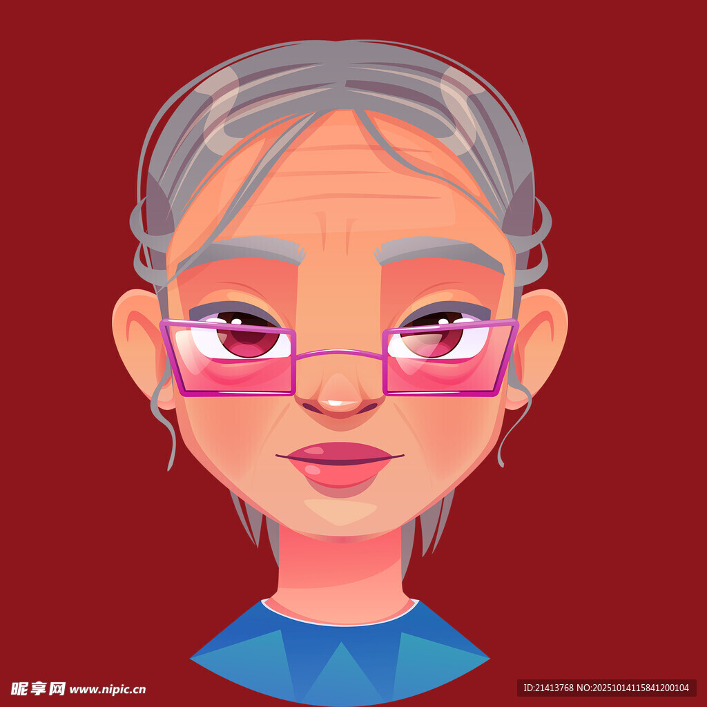 戴粉框眼镜的卡通银发女性