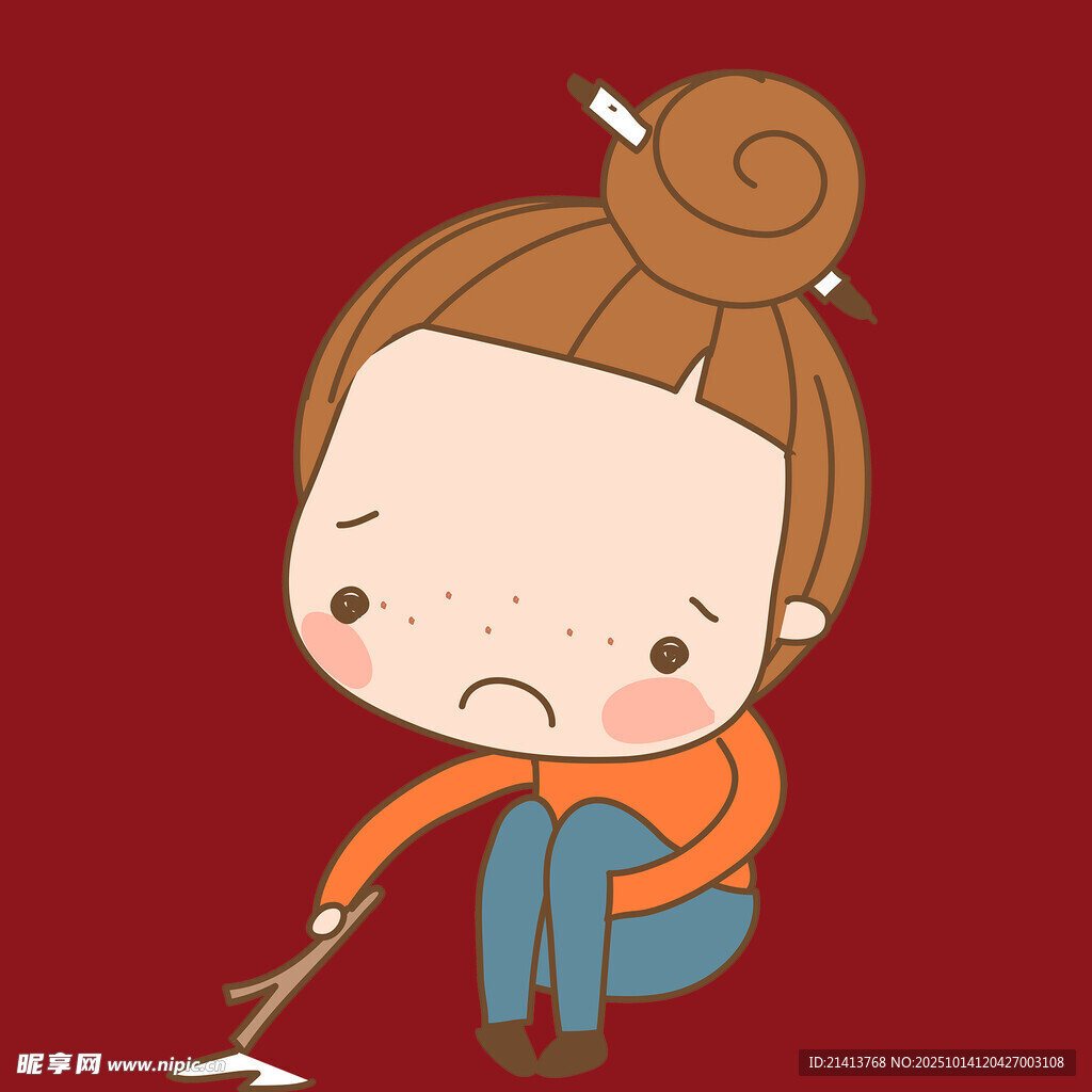 沮丧女孩蹲地摆弄物件