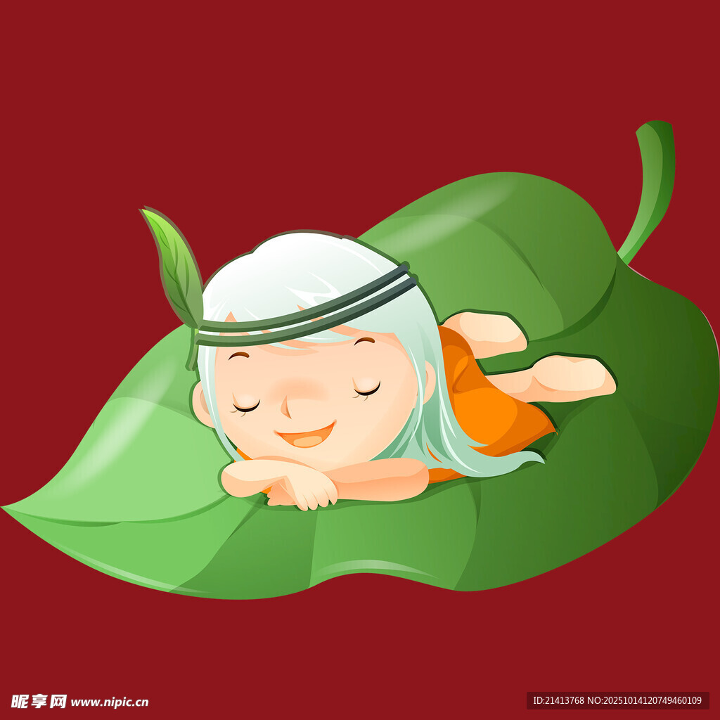 睡在绿叶上的可爱孩童