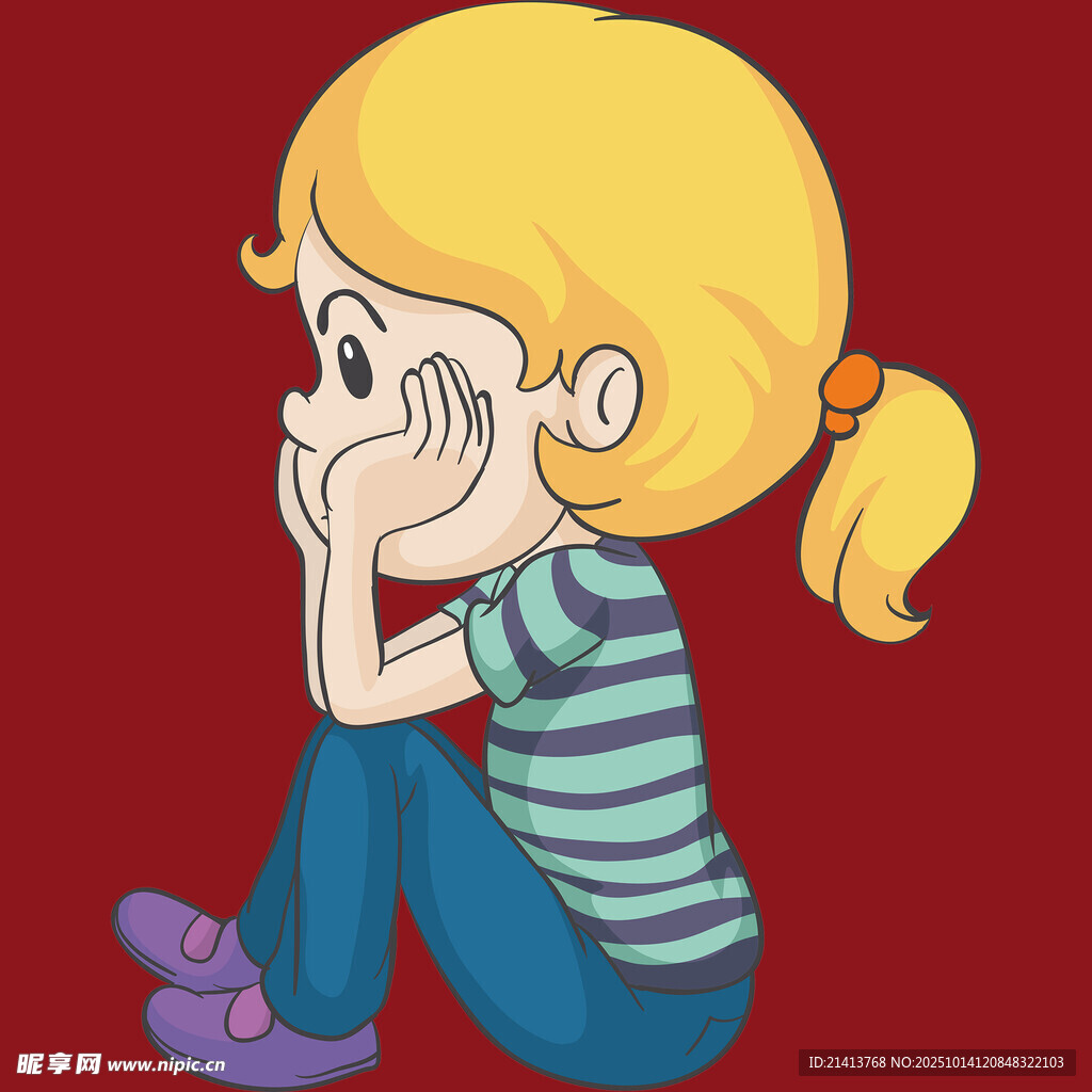 坐着沉思的扎马尾小女孩