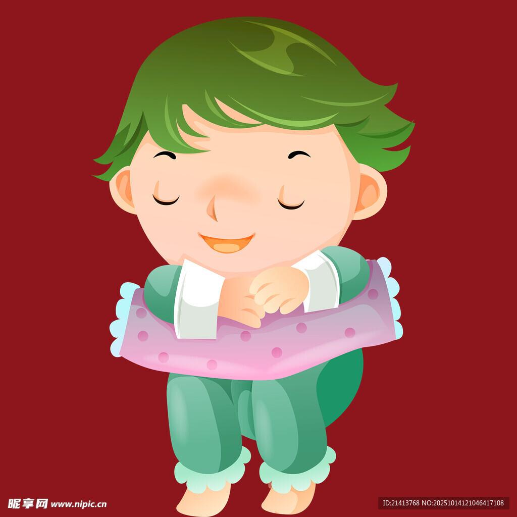 熟睡的绿发小孩抱着枕头