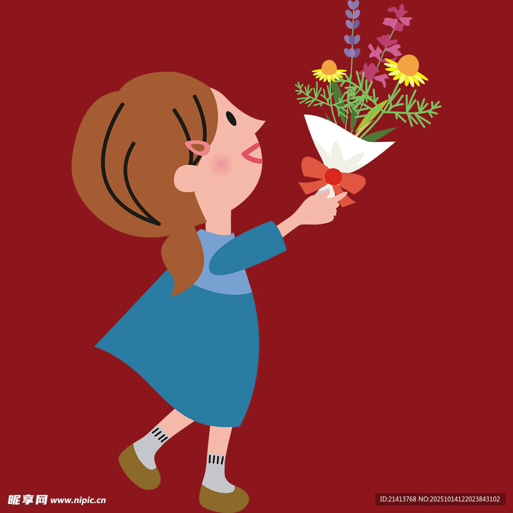 女孩手持花束仰头欣赏