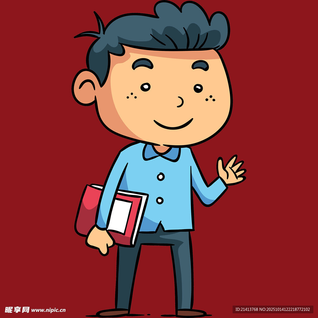 拿书挥手的开朗男生