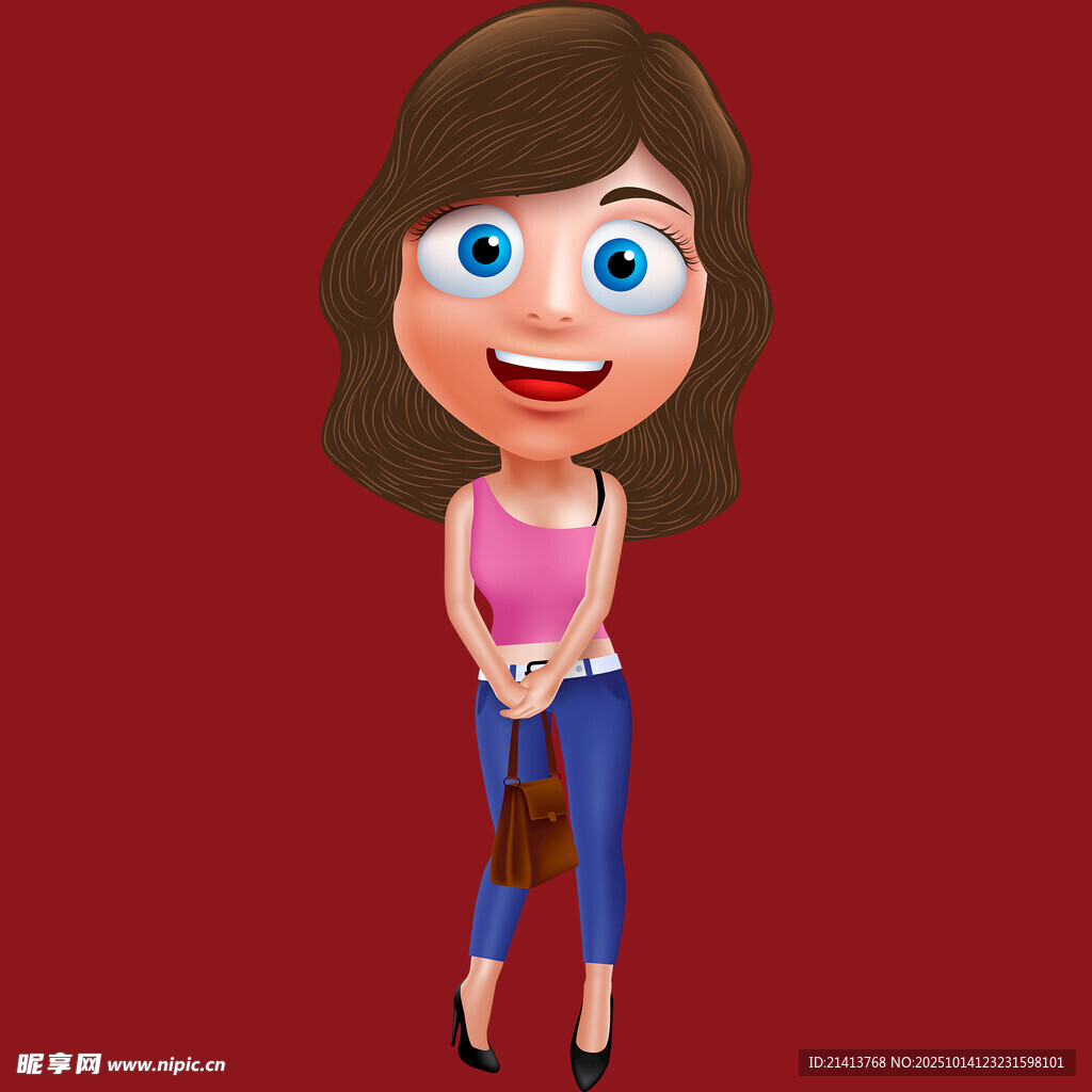 卡通女孩手持棕色包包