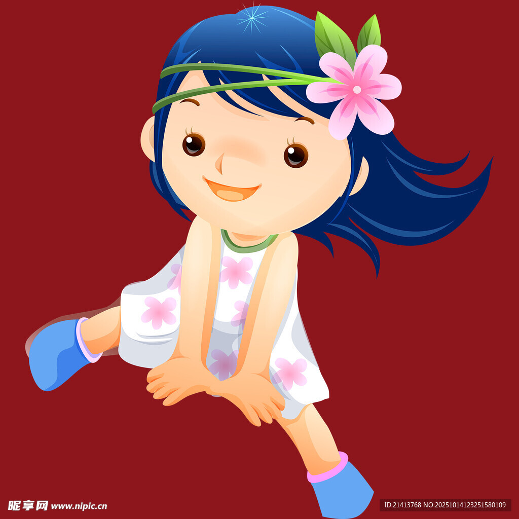 蓝发花饰女孩俏皮跳跃