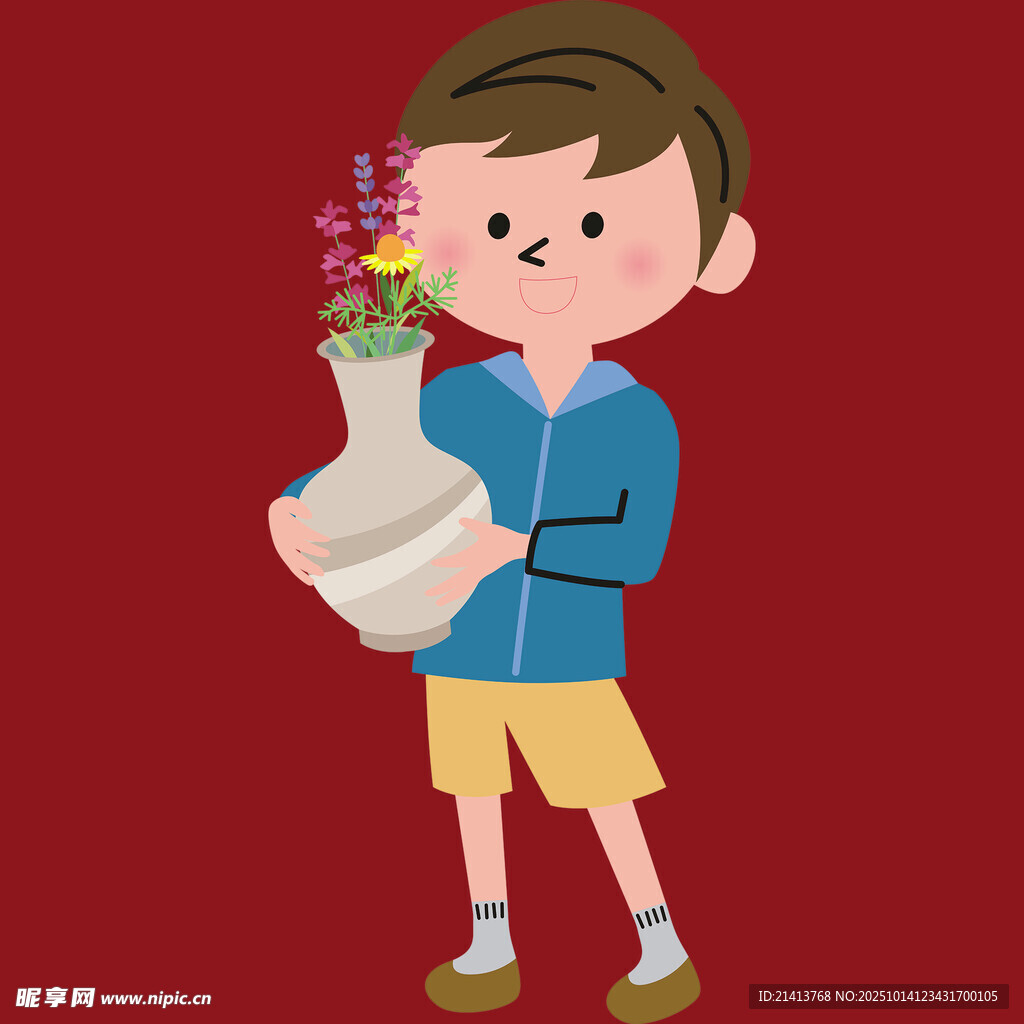 男孩手持花瓶与鲜花