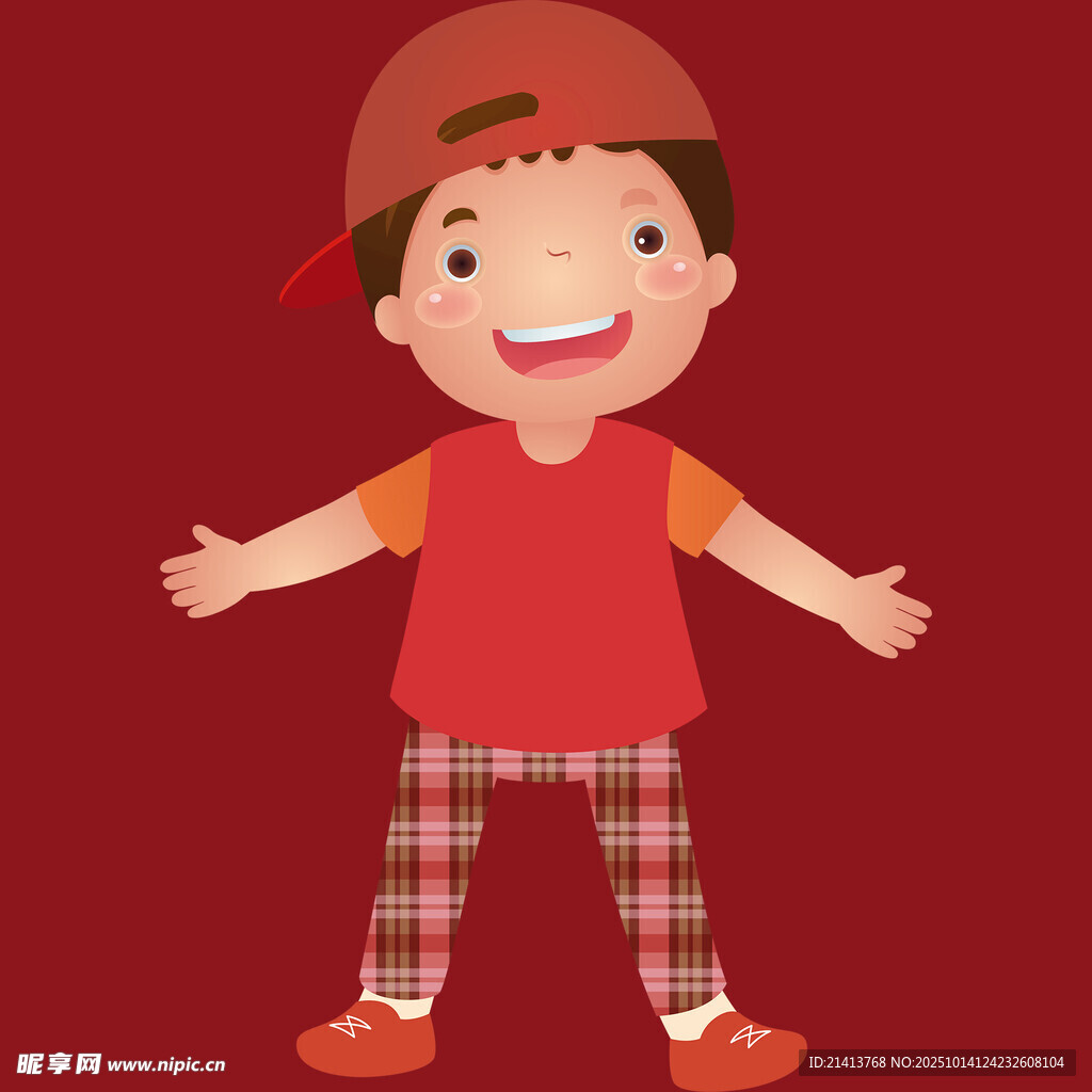 戴帽红衣小男孩开心站立