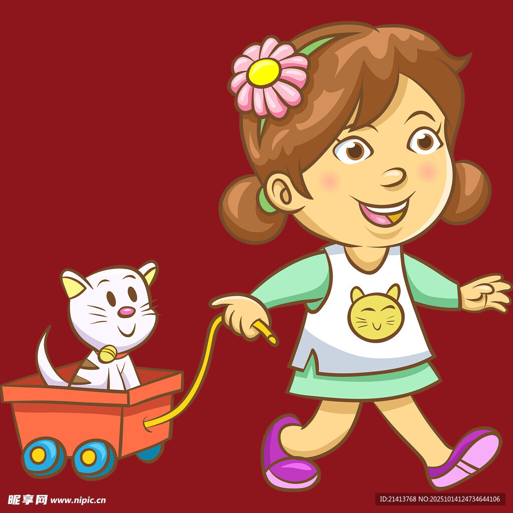 小女孩牵着小猫坐小车