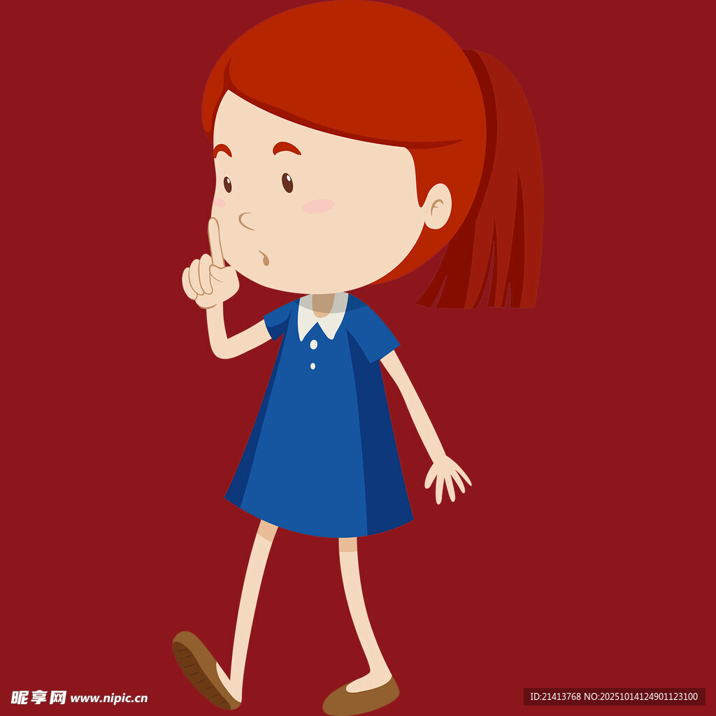 红衣女孩着蓝裙俏皮行走