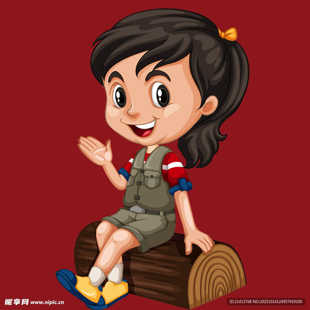 坐在木头上的可爱小女孩