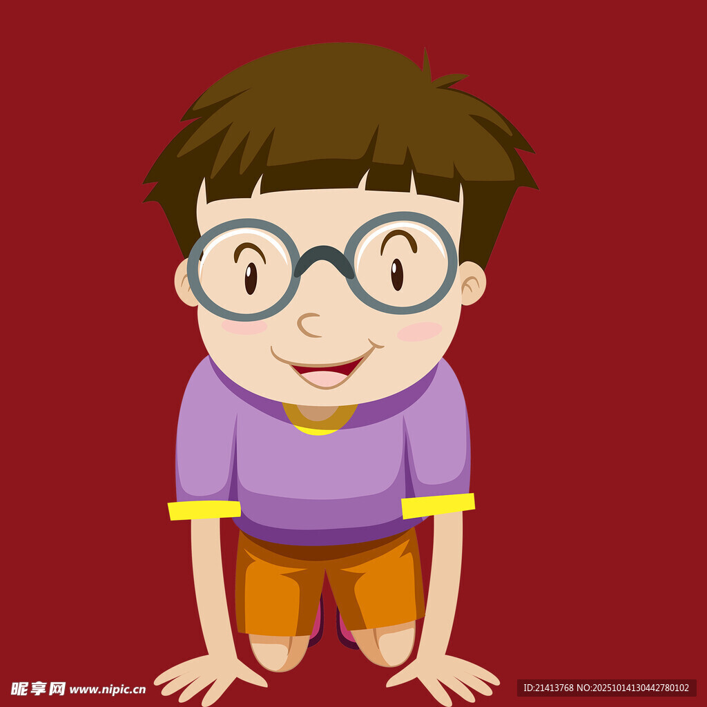 戴眼镜的小男孩跪地姿势