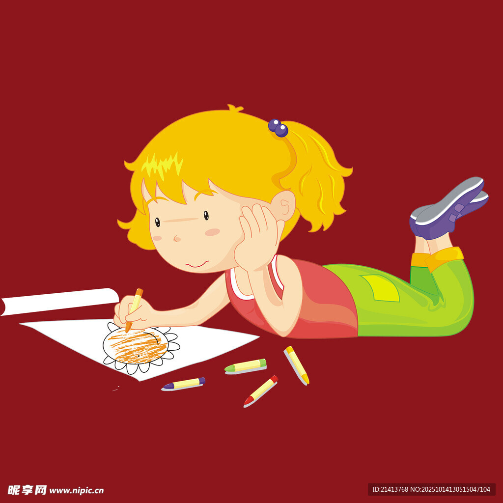 小女孩趴在地上专心画画