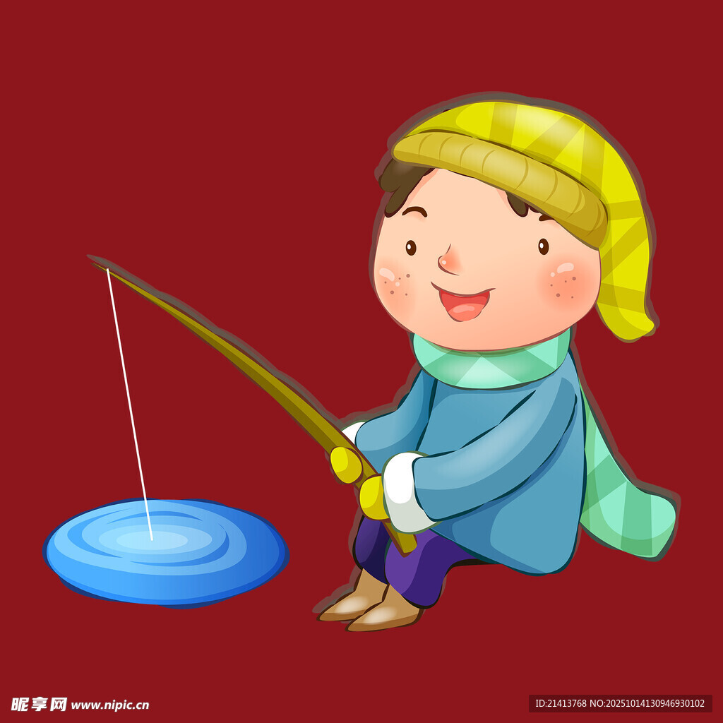 冬日男孩专注钓鱼瞬间