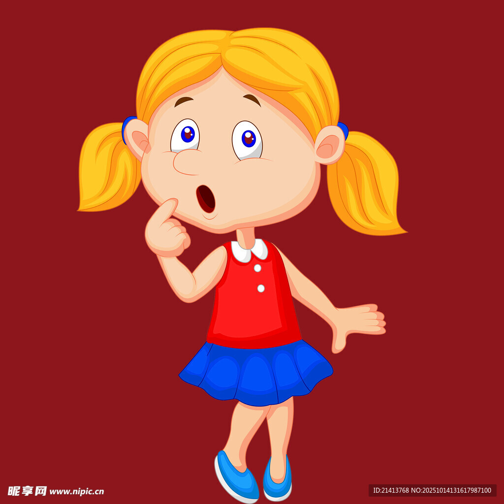 惊讶小女孩红裙蓝裙双马尾