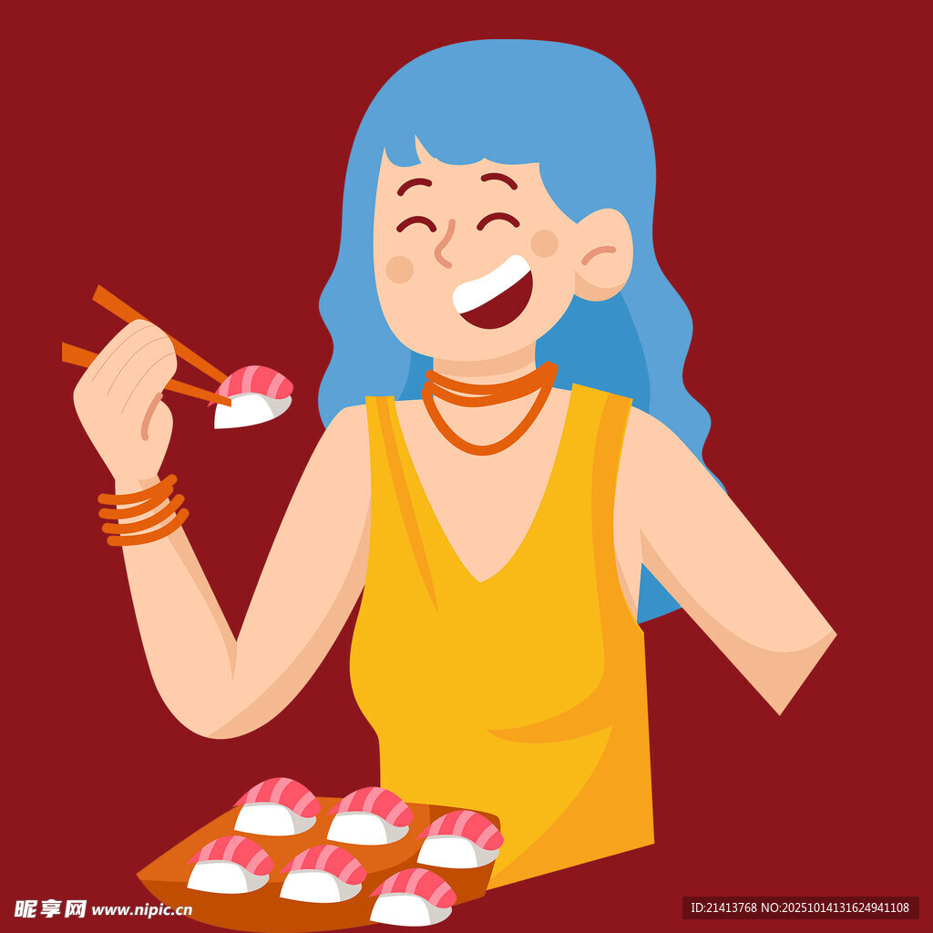 女子开心享用美味寿司