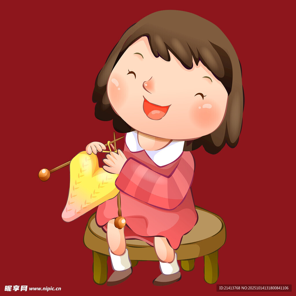 小女孩开心地坐着织毛衣