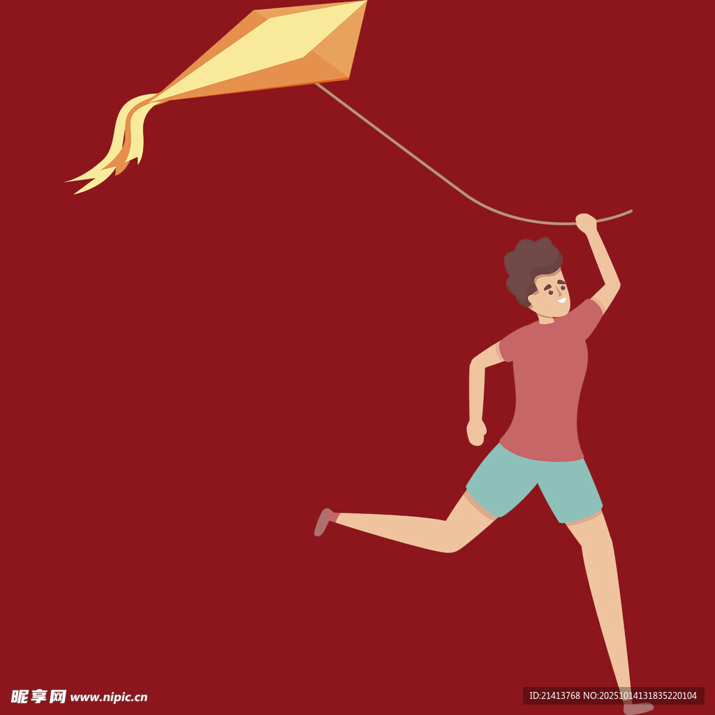 奔跑少年放飞黄色风筝
