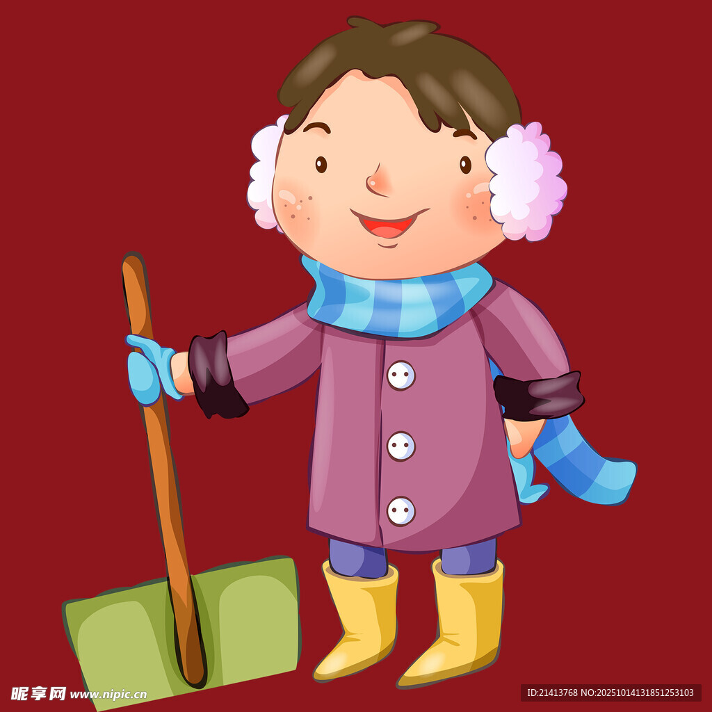 手持雪铲的可爱冬日小孩