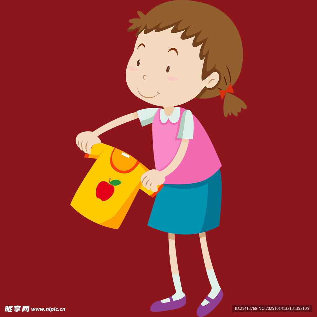 女孩手持带苹果图案袋子