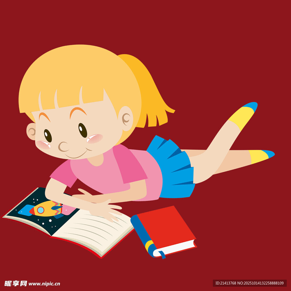 小女孩惬意地趴着看书