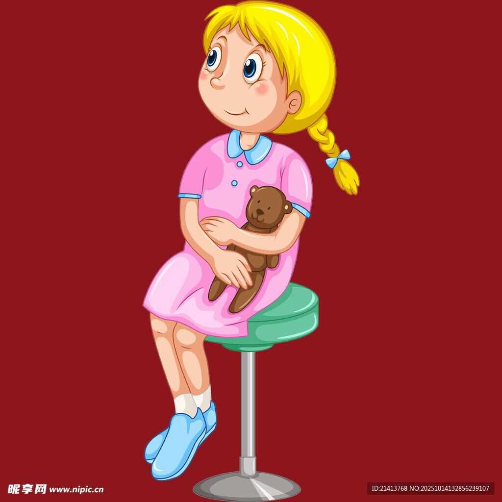 小女孩抱玩偶坐高脚凳
