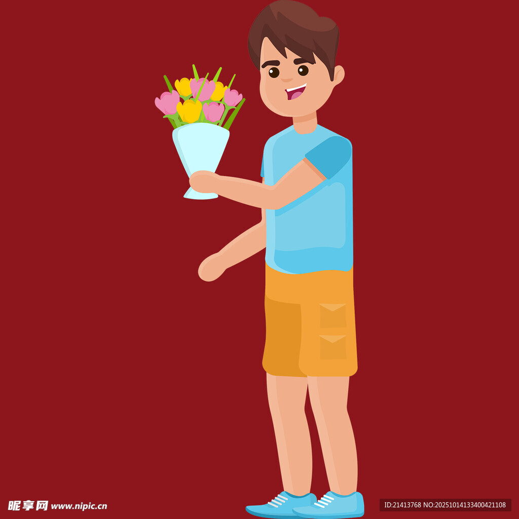 男孩手持花束献花时刻