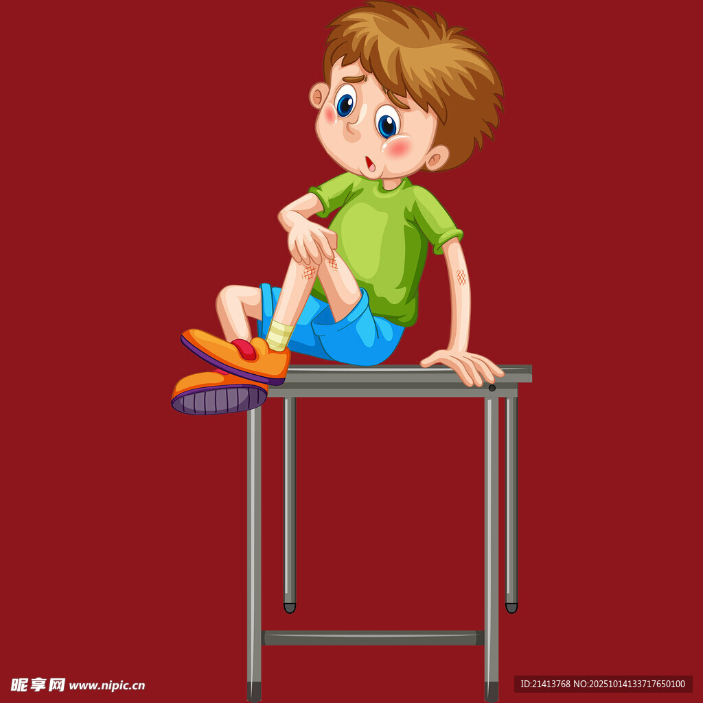 小男孩坐在桌上系鞋带