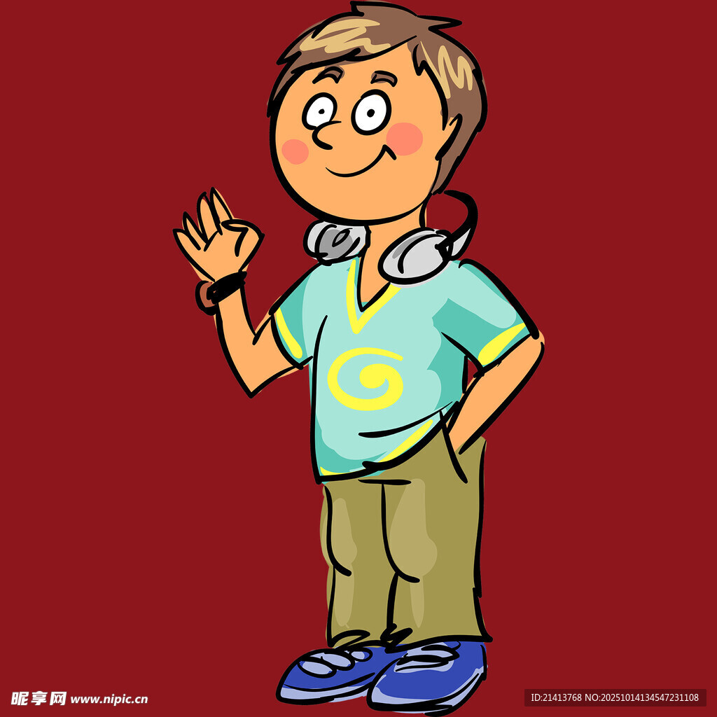 戴耳机挥手的卡通男孩