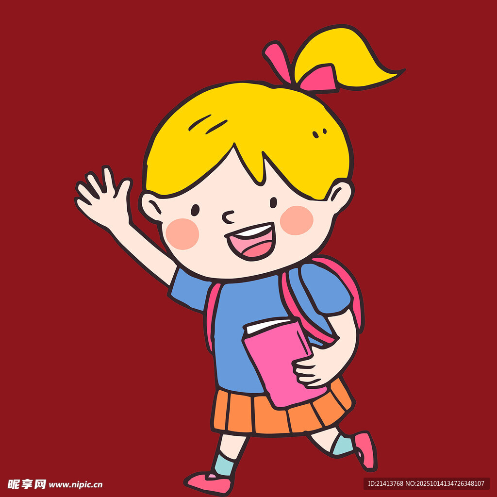 背着书包上学的快乐女孩