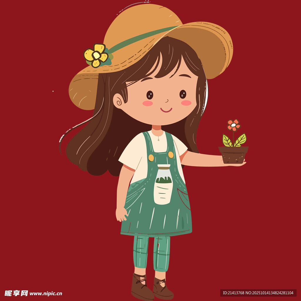 戴草帽的种花小女孩