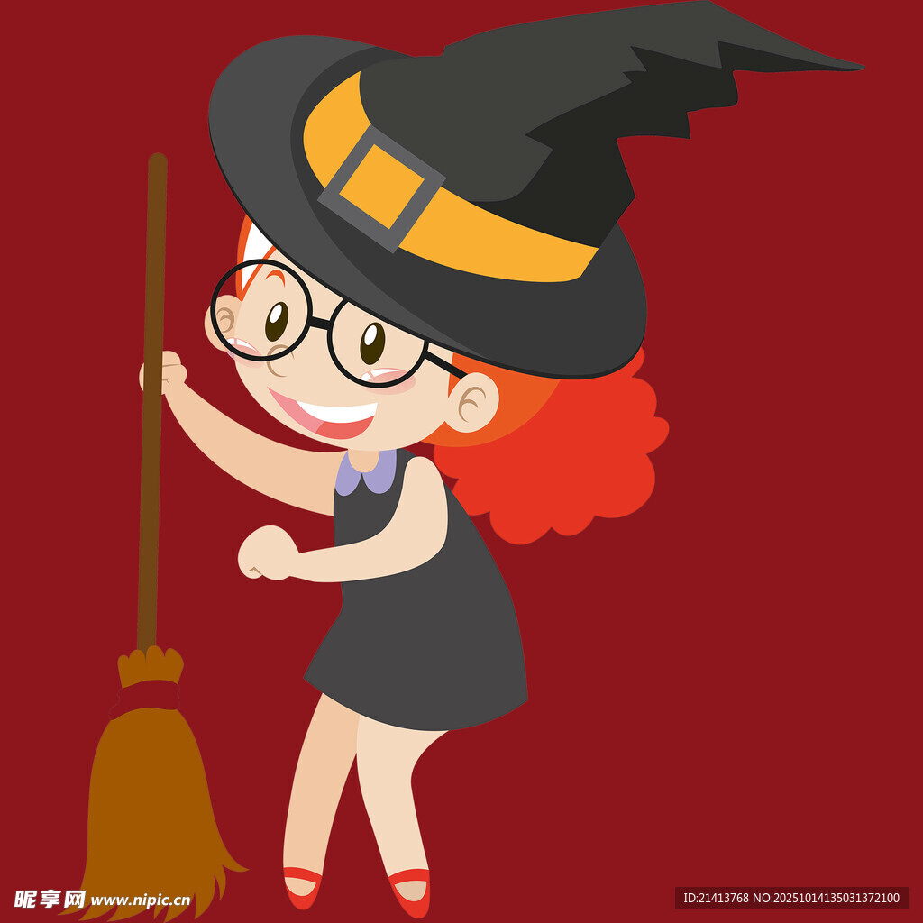 可爱小女巫手持扫帚施法