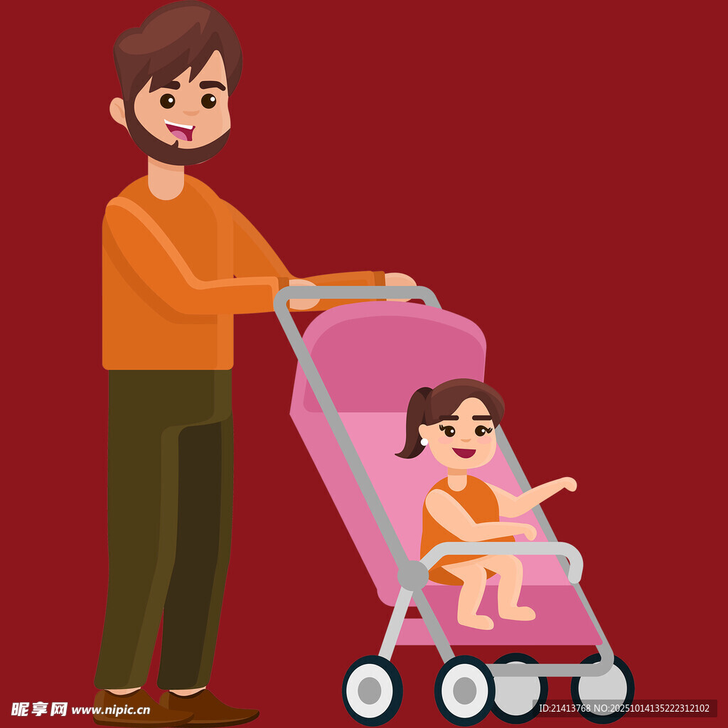 父亲推婴儿车带孩子出行