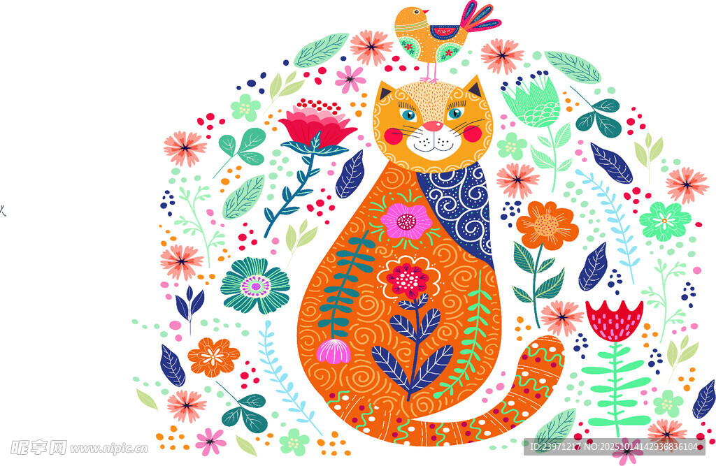 多彩猫咪与花卉插画