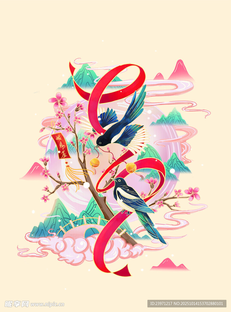 喜鹊国风数字艺术创意插画