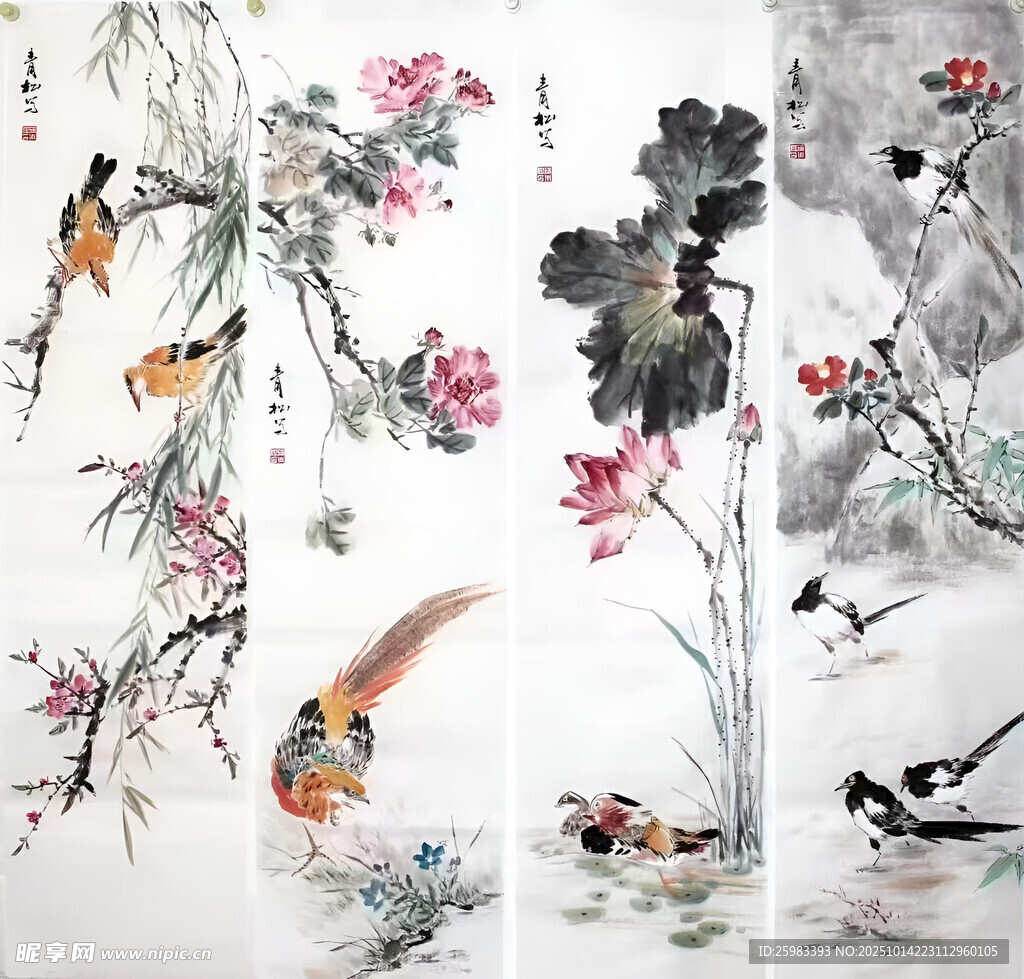 花鸟四屏图