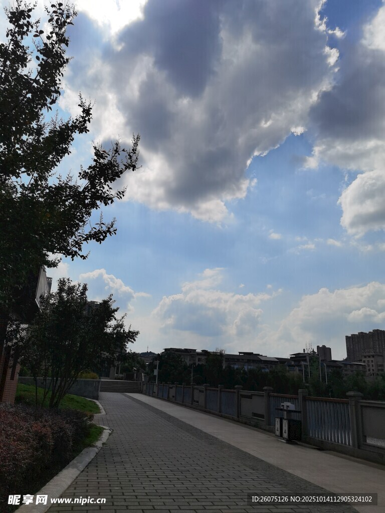 城市道路旁的蓝天白云景观