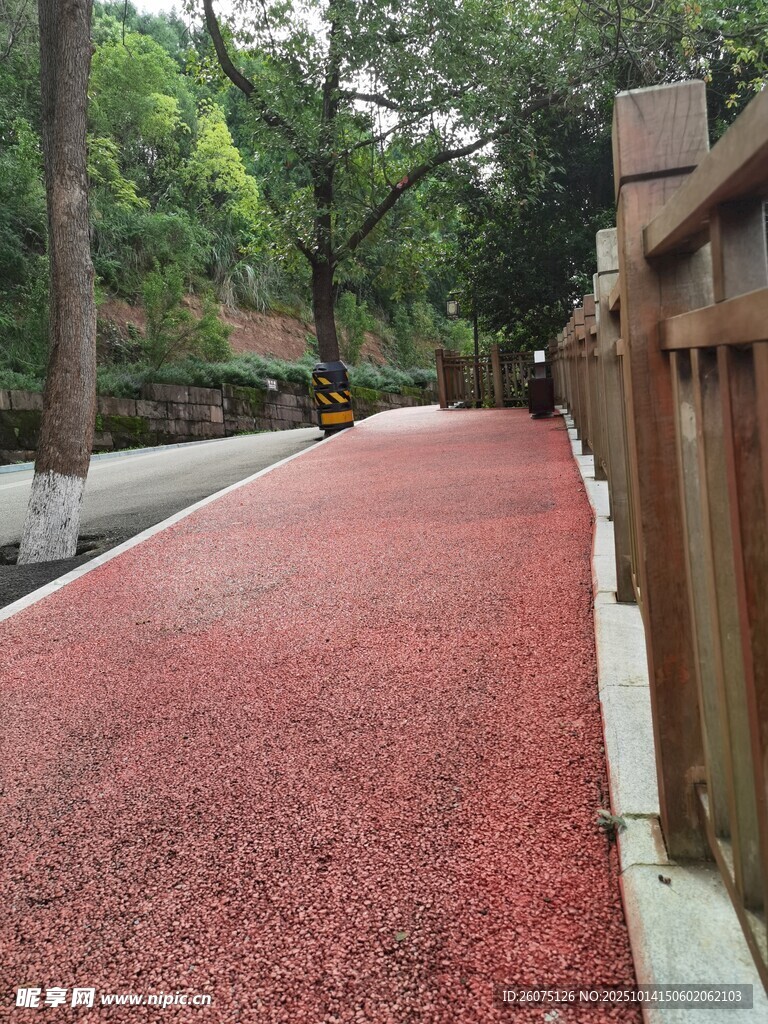 红色透水步道绿意环绕