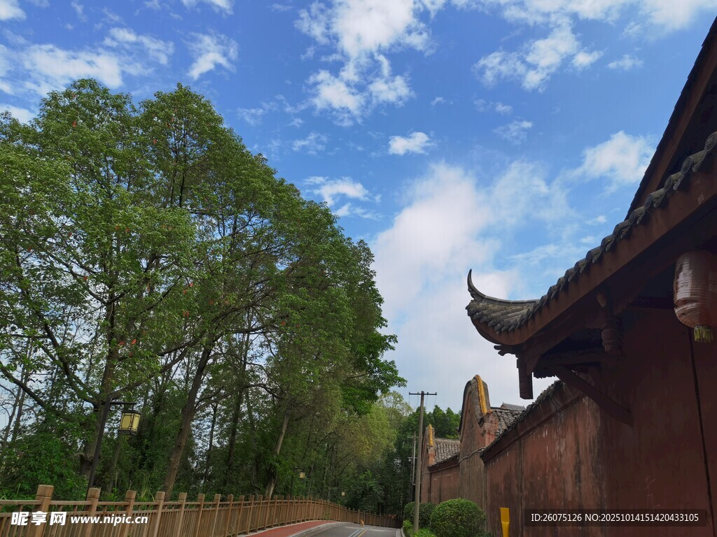 古建旁绿树成荫蓝天景